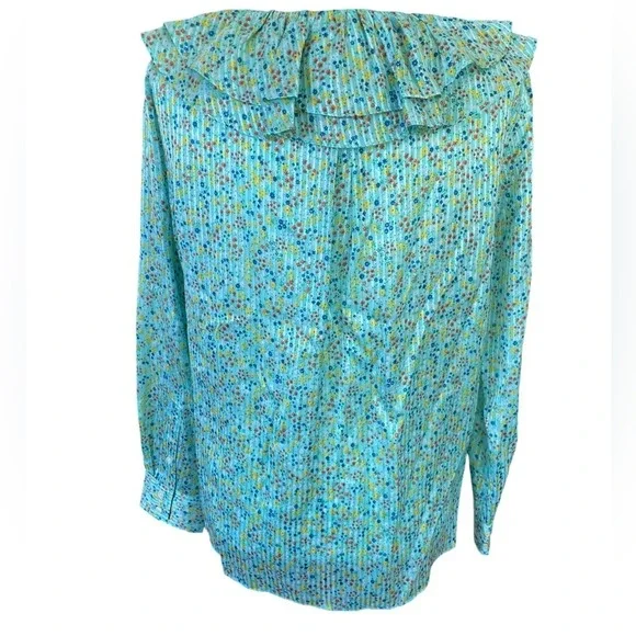 J. Crew Ruffle Blouse Aqua Metallic Floral Field Day Print Size Small - Picture 5 of 8